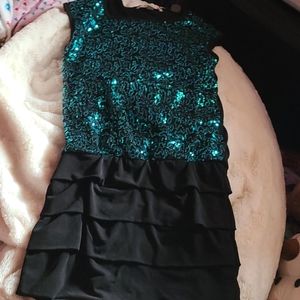 Kids teal sequence dress with black ruffles